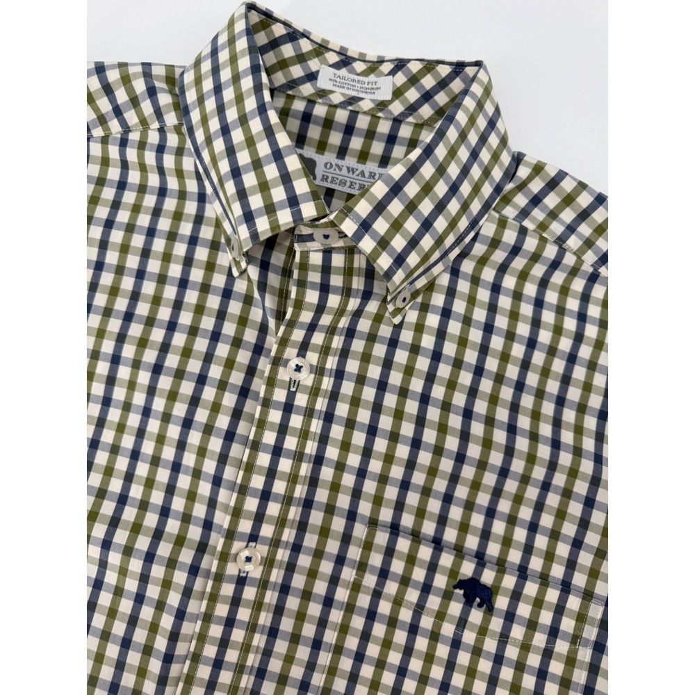 Onward Reserve Shirt Mens Small Green Blue Check Non-Iron Tailored Fit Button